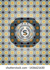 laurel wreath with money symbol inside icon inside arabesque badge background. arabic decoration.