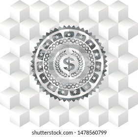 laurel wreath with money symbol inside icon inside grey emblem with cube white background
