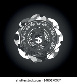 laurel wreath with money symbol inside icon on grey camo pattern
