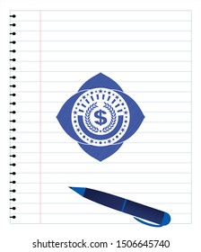 laurel wreath with money symbol inside icon draw with pen effect. Blue ink. Vector Illustration. Detailed.