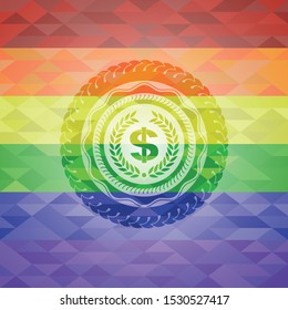 laurel wreath with money symbol inside icon on mosaic background with the colors of the LGBT flag