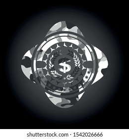 laurel wreath with money symbol inside icon inside grey camo texture