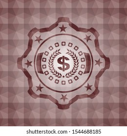 laurel wreath with money symbol inside icon inside red emblem with geometric pattern. Seamless.