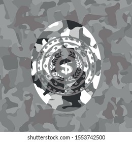 laurel wreath with money symbol inside icon inside grey camouflage texture