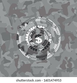 laurel wreath with money symbol inside icon on grey camo texture