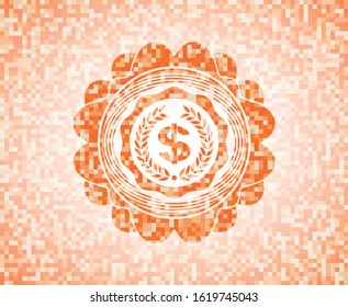 laurel wreath with money symbol inside icon inside orange tile background illustration. Square geometric mosaic seamless pattern with emblem inside.