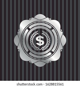 laurel wreath with money symbol inside icon inside silvery badge or emblem