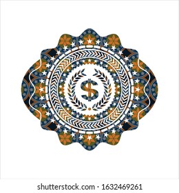 laurel wreath with money symbol inside icon inside arabic style badge. Arabesque decoration.