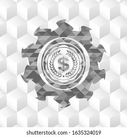 laurel wreath with money symbol inside icon inside grey emblem with cube white background