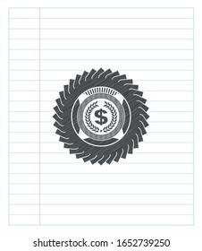 laurel wreath with money symbol inside icon drawn in pencil. Vector Illustration. Detailed.