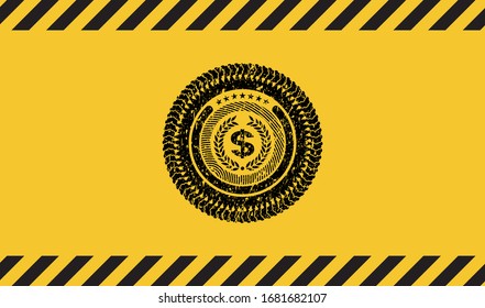 laurel wreath with money symbol inside icon grunge black emblem with yellow background, warning sign. Vector Illustration. Detailed.