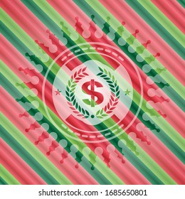laurel wreath with money symbol inside icon inside christmas colors style badge.
