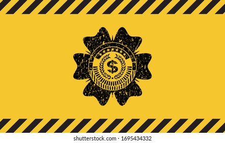 laurel wreath with money symbol inside icon black grunge emblem inside yellow warning sign. Vector Illustration. Detailed.