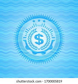 laurel wreath with money symbol inside icon inside light blue water wave style emblem.