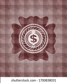 laurel wreath with money symbol inside icon inside red seamless geometric pattern emblem. Seamless.