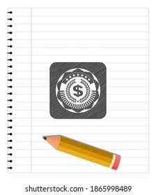 laurel wreath with money symbol inside icon pencil strokes emblem. Vector Illustration. Detailed. 