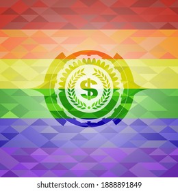 laurel wreath with money symbol inside icon inside emblem on mosaic background with the colors of the LGBT flag. 