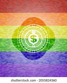 laurel wreath with money symbol inside icon inside emblem on mosaic background with the colors of the LGBT flag. 