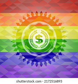 laurel wreath with money symbol inside icon inside lgbt colors emblem. 