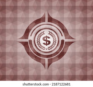 laurel wreath with money symbol inside icon inside red seamless geometric emblem. 