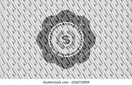 laurel wreath with money symbol inside icon inside shiny silver badge. Scales pattern. Vector Illustration. Detailed. 