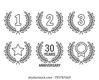 Laurel wreath with numebrs 1, 2 and 3, with star, medal, laurel wreath for anniversary, line icons, vector eps10 illustration