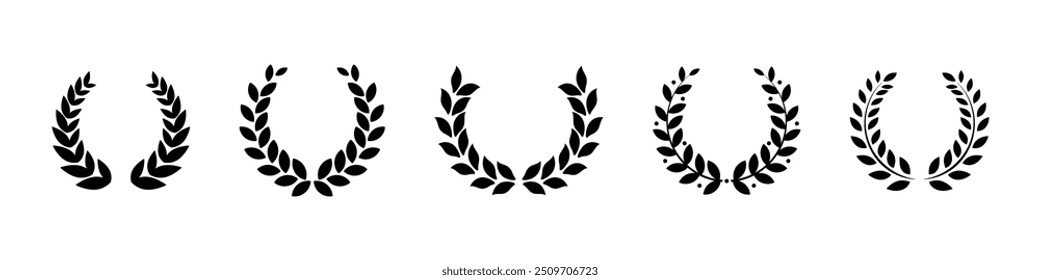 Laurel wreath. Olive branch icon. Greek wreath sign. Roman laurel symbol. Olive leaf award vector set. Film festival ceremony award.