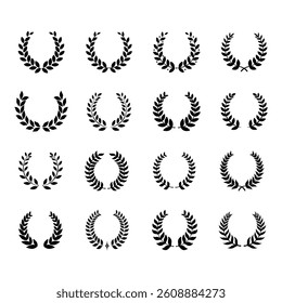 Laurel wreath. Olive branch icon. Greek wreath sign. Roman laurel symbol. Olive leaf award vector set. Film festival ceremony award.