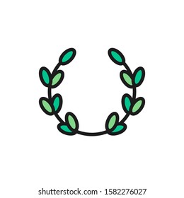 Laurel wreath, olive branch, victory flat color line icon.