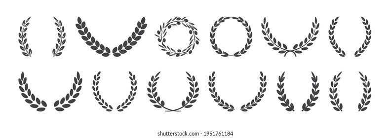 Laurel wreath and olive crown, award symbols, branch and leaves, winner emblem, black heraldry roman icons, victory crest set isolated on white background. Vintage illustration