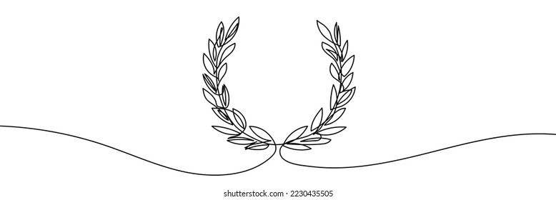 Laurel wreath one line art. Continuous line drawing of festive, solemn wreath with ribbons