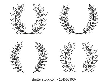 Laurel wreath outline set with hand drawn branches and leaves. Award and victory icon. Heraldic symbol. Vector illustration.