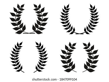 Laurel wreath outline set with hand drawn branches and leaves. Award and victory icon. Heraldic symbol. Vector illustration.