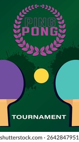 
Laurel wreath, ping pong tournament winner, competition banner, two rackets, ball. Championship poster, racket sports training, hobby, tennis sports club