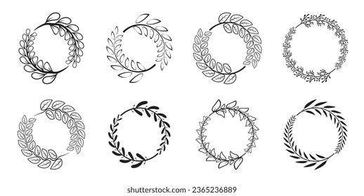 Laurel wreath set of assorted black circular leaf branches. Set of wreaths and branches with leaves. Collection of antique laurel wreaths. Flat black circular laurel foliate.