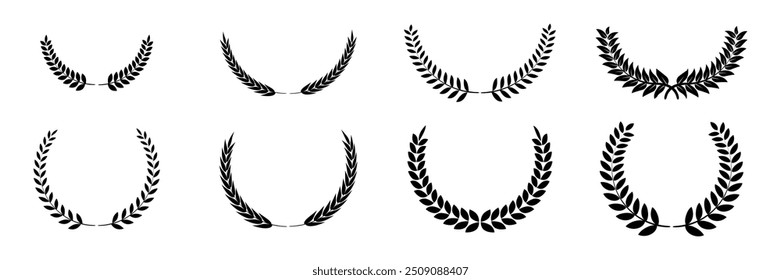 Laurel wreath Set, Black circular laurel olive branches greek wreath ,A winner award of olive leaves, stars of victory symbol, achievement heraldry symbol, vector illustration isolate on white