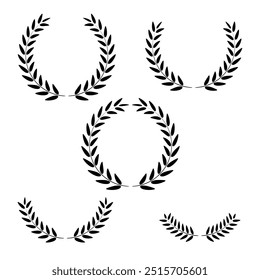 Laurel wreath Set, Black circular laurel olive branches greek wreath ,A winner award of olive leaves, stars of victory symbol, achievement heraldry symbol, vector illustration isolate on white