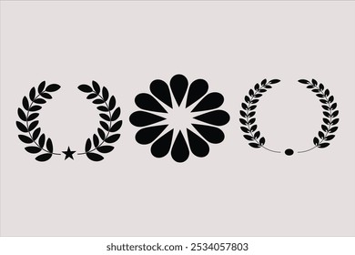 Laurel wreath Set, Black circular laurel olive branches greek wreath ,A winner award of olive leaves, stars of victory symbol, achievement heraldry symbol, vector illustration isolate on white.