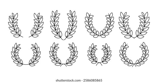
Laurel wreath Set, Black circular laurel olive branches greek wreath. Black Chaplet Nominate Winner Silhouette Icon Set.Trophy crest. Greek olive branch award, winner round emblem
