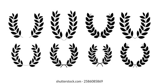 
Laurel wreath Set, Black circular laurel olive branches greek wreath. Black Chaplet Nominate Winner Silhouette Icon Set.Trophy crest. Greek olive branch award, winner round emblem
