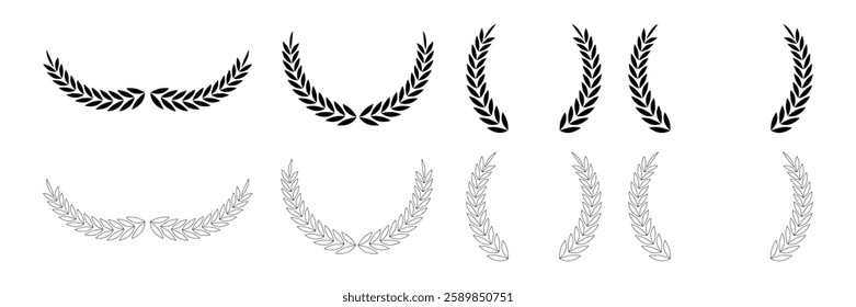 Laurel wreath Set, Black circular laurel olive branches greek wreath ,stars of victory symbol, A winner award of olive leaves,  achievement heraldry symbol, vector illustration isolate on white