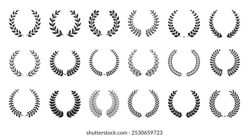 Laurel wreath set. Black wreaths silhouettes, winners olive elements. Decorative branches frames, ornaments, decor for banners, neoteric vector clipart