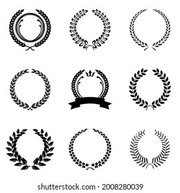 
Laurel wreath set. Elemento redondo heráldico. Colección de bobinas de laurel de diferentes siluetas, y varias hojas circulares, el escudo de armas de la nobleza. Ilustración del vector