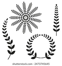 Laurel wreath set. Leaf branches. Black and white. Vector illustration.