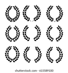 Laurel wreath set. Modern symbol of victory and award achievement champion. Leaf ceremony awarding of winner tournament. Monochrome template for badge, tag. Design element. Vector illustration