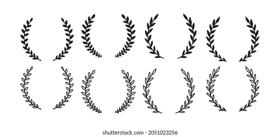 Laurel wreath. Set of outline and silhouette vector hand drawn laurel wreaths isolated on white background. Doodle style. Outline and silhouette floral frames.