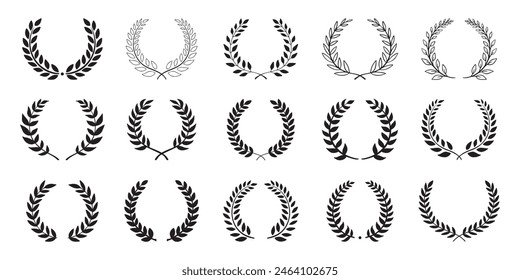 Laurel wreath. Set outline silhouette hand drawn laurel wreaths isolated Doodle floral frames. Vector illustration