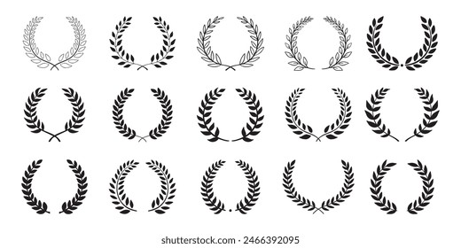 Laurel wreath. Set outline silhouette hand drawn laurel wreaths isolated Doodle floral frames. Vector illustration