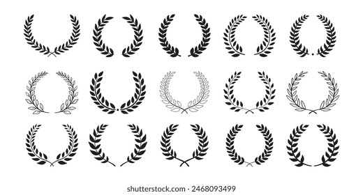 Laurel wreath. Set outline silhouette hand drawn laurel wreaths isolated Doodle floral frames. Vector illustration