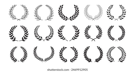 Laurel wreath. Set outline silhouette hand drawn laurel wreaths isolated Doodle floral frames. Vector illustration